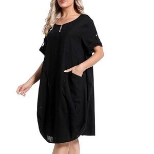 Minibee Women's Ruffle Oversize Casual Midi Dresses with Pockets - Black - XL
